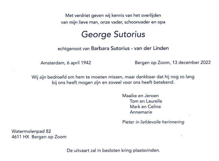 Overlijdensbericht George Sutorius